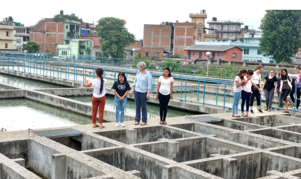 Students from St. Mary's College and Nepali students touring the Kathmandu Valley Drinking Water Corporation's laboratory and facilities during a project on public health in Nepal. (2017)