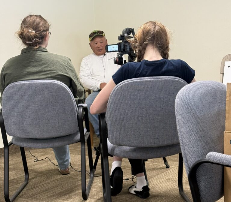 The College of Idaho team conducts an interview as part of the project, The Past, Present, and Future of the Idaho-Oregon Buddhist Temple.